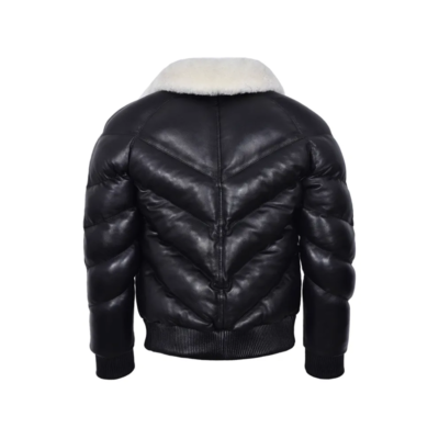 Men's Puffer Leather Jacket-Fur Collar Warm Bomber Black Real Leather Jacket For Men's-Handmade Puffer Leather Jacket-Soft Lambskin Leather - Image 2