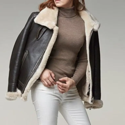 Handmade B3 Bomber Flying Aviator Women Shearling Jacket-Lambskin Real Leather Jacket for Women-Gift For Her-Women Stylish Black Fur Jacket - Image 5