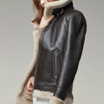 Handmade B3 Bomber Flying Aviator Women Shearling Jacket-Lambskin Real Leather Jacket for Women-Gift For Her-Women Stylish Black Fur Jacket - Image 3