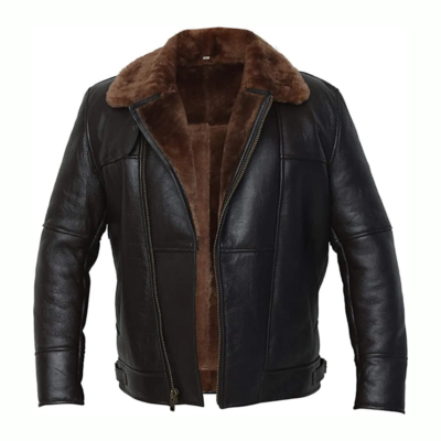 Men's Cross Zip B3 Bomber Flying Pilot Aviator Real Sheepskin Leather Jacket-Men's Shearling Fur Black Handmade Custom Leather Jacket