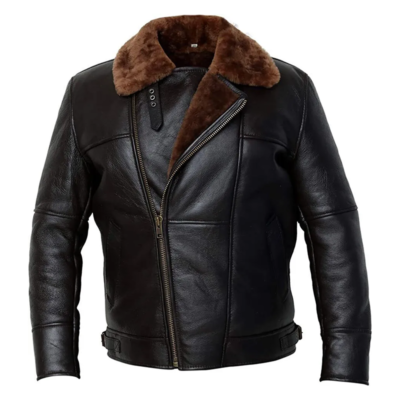 Men's Cross Zip B3 Bomber Flying Pilot Aviator Real Sheepskin Leather Jacket-Men's Shearling Fur Black Handmade Custom Leather Jacket - Image 3